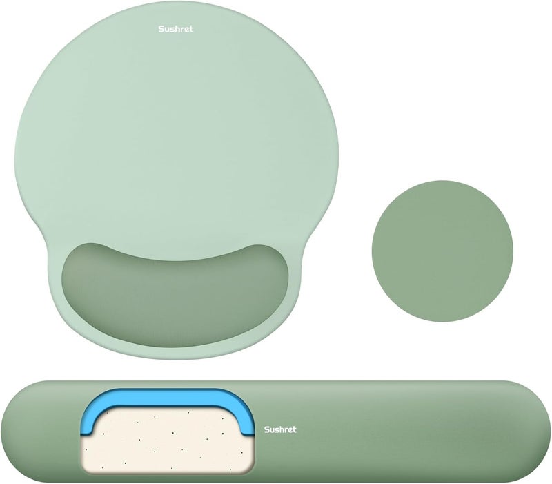 Sushret Mouse Pad and Keyboard Wrist Rest, 3-in-1 Gel Memory Foam Ergonomic Mouse Pad with Wrist Rest Set,Gaming Mousepad Arm Cushion Support for Computer Office Desk Accessories Cute Setup,Sage Green - Image 1